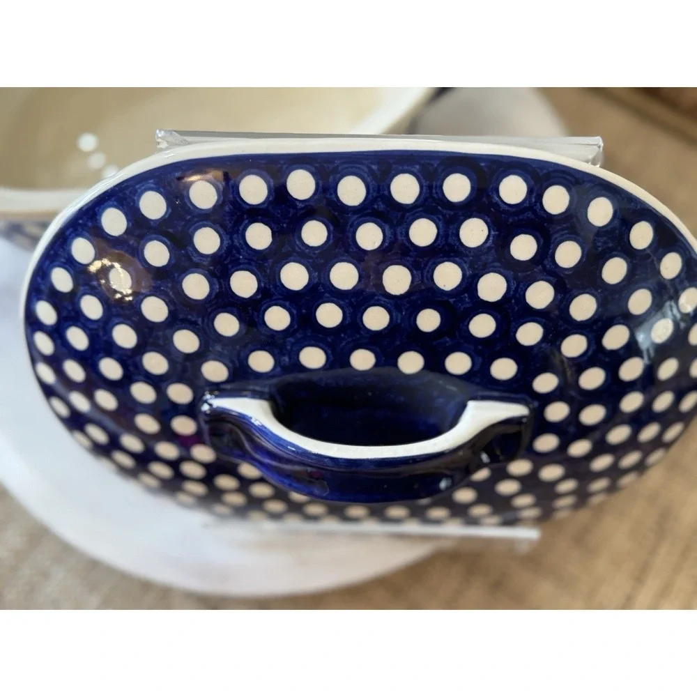 Handmade BOLESLAWIEC Polish Blue Pottery Oval  Baker With Lid WIZA